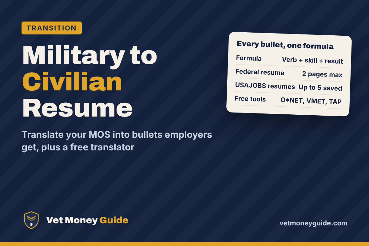 Military to civilian resume guide showing a military bullet rewritten as a civilian bullet with an action verb, scope and result