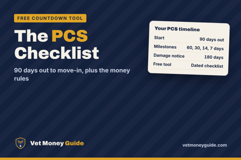 PCS checklist timeline from 90 days out to arrival with key PCS allowances like TLE, advance pay and the damage claim deadline
